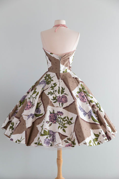 Coveted 1950's Alex Coleman Polished Cotton Botanical Novelty Print Halter Dress / XS