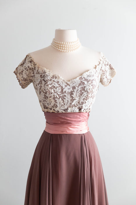 Elegant Late 1940's I.Magnin Silk Chiffon & Lace Rosewood Cocktail Dress / SM