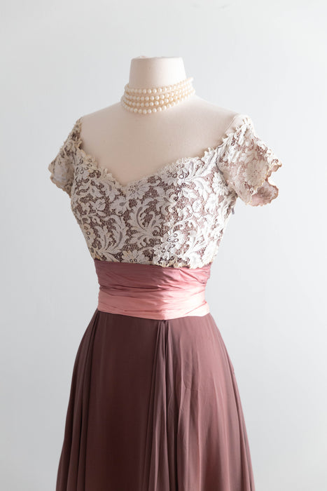 Elegant Late 1940's I.Magnin Silk Chiffon & Lace Rosewood Cocktail Dress / SM
