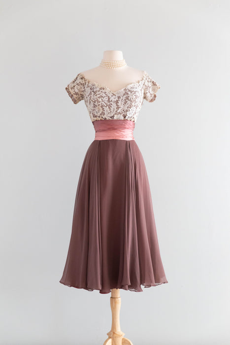 Elegant Late 1940's I.Magnin Silk Chiffon & Lace Rosewood Cocktail Dress / SM