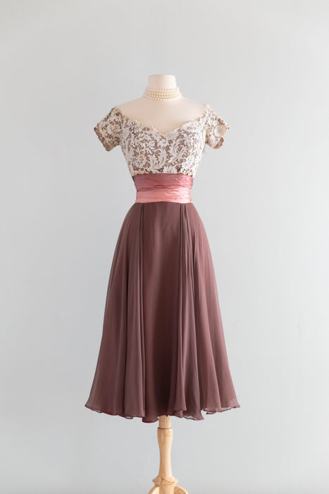 Elegant Late 1940's I.Magnin Silk Chiffon & Lace Rosewood Cocktail Dress / SM