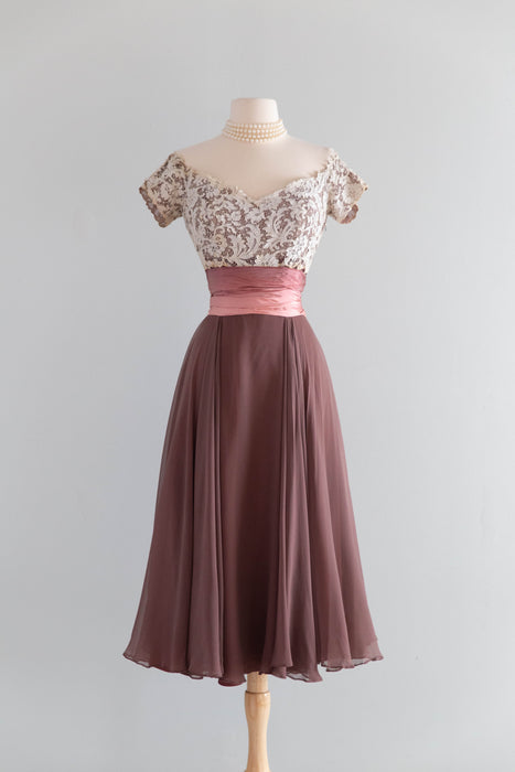 Elegant Late 1940's I.Magnin Silk Chiffon & Lace Rosewood Cocktail Dress / SM