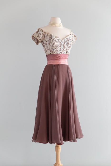 Elegant Late 1940's I.Magnin Silk Chiffon & Lace Rosewood Cocktail Dress / SM