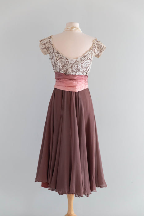 Elegant Late 1940's I.Magnin Silk Chiffon & Lace Rosewood Cocktail Dress / SM
