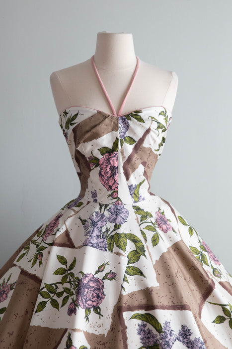 Coveted 1950's Alex Coleman Polished Cotton Botanical Novelty Print Halter Dress / XS