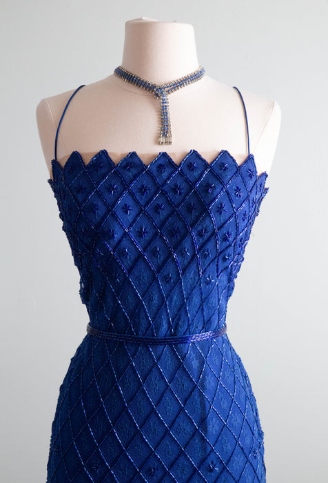 Spectacular 1950's Sapphire Blue Beaded Evening Gown By Ernest Newman / Medium