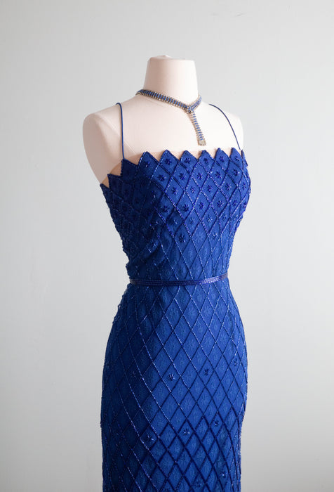 Spectacular 1950's Sapphire Blue Beaded Evening Gown By Ernest Newman / Medium