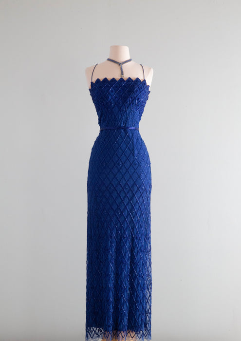 Spectacular 1950's Sapphire Blue Beaded Evening Gown By Ernest Newman / Medium