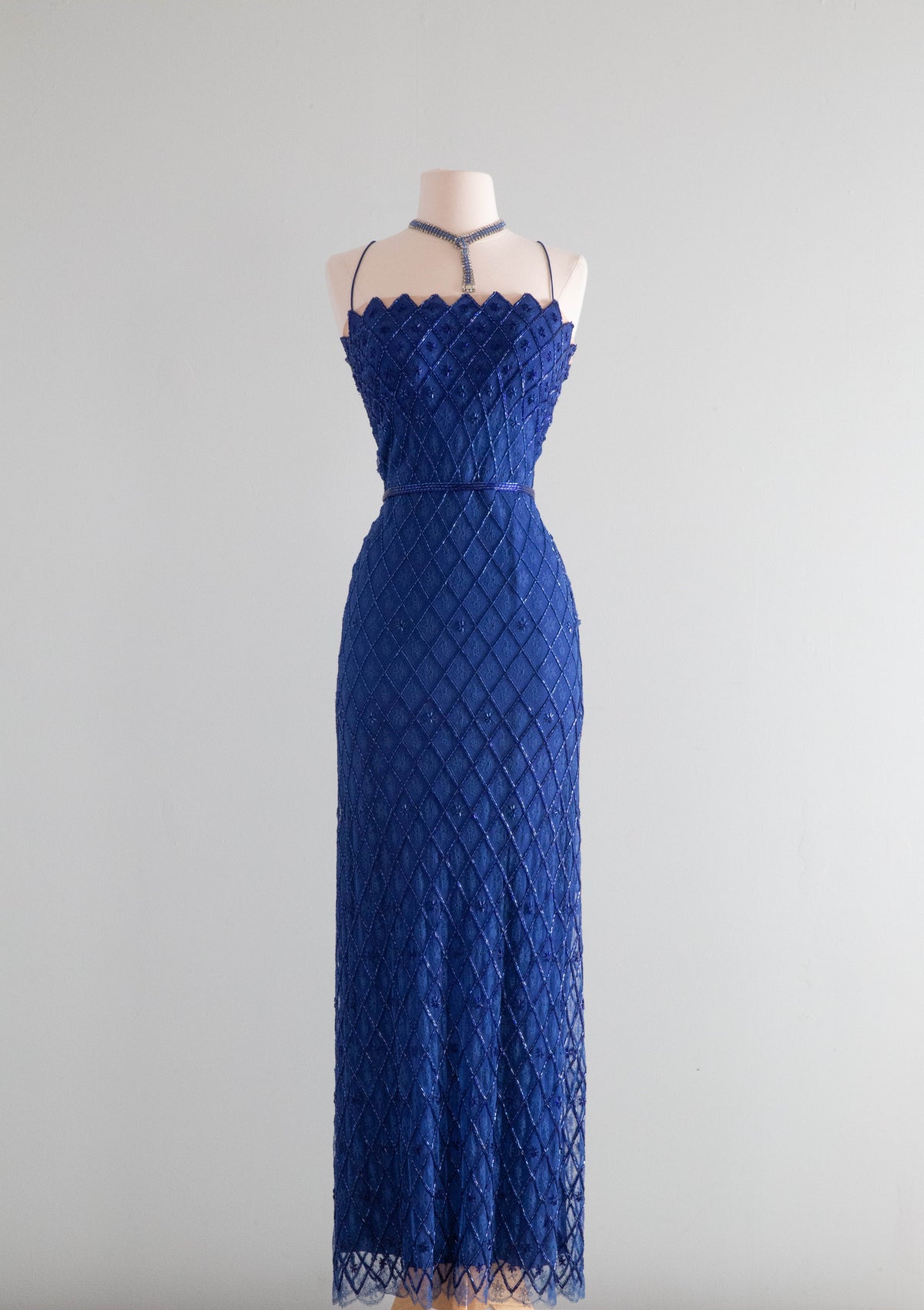 Spectacular 1950's Sapphire Blue Beaded Evening Gown By Ernest