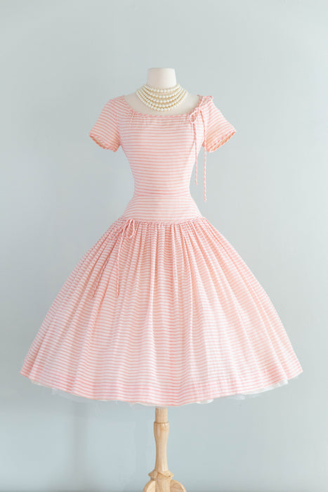 Pretty 1950's Pat Premo Candy Striped Pink Cotton Seersucker Party Dress / S