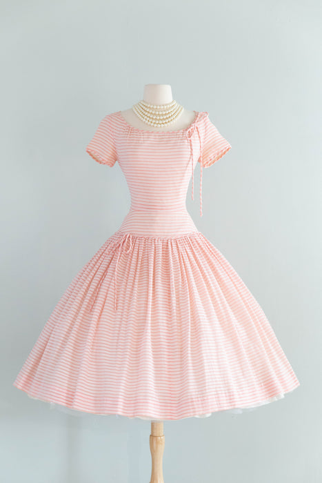 Pretty 1950's Pat Premo Candy Striped Pink Cotton Seersucker Party Dress / S