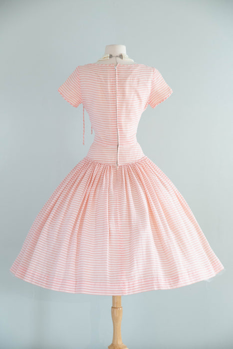 retro pink dresses Pretty 1950's Pat Premo Candy Striped Pink Cotton Seersucker Party Dre – Xtabay Vintage