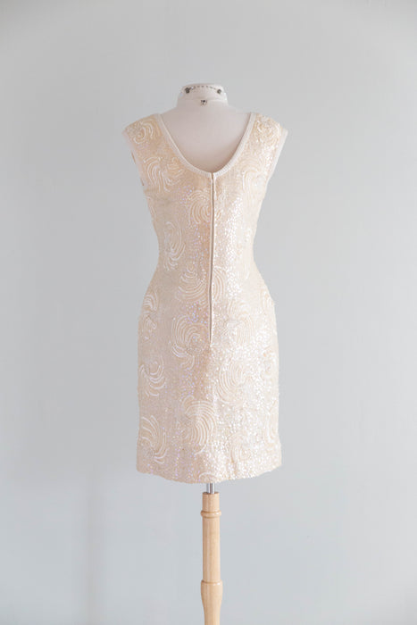 Fabulous 1960's Ivory Beaded Knit Cocktail Dress From Hong Kong / ML