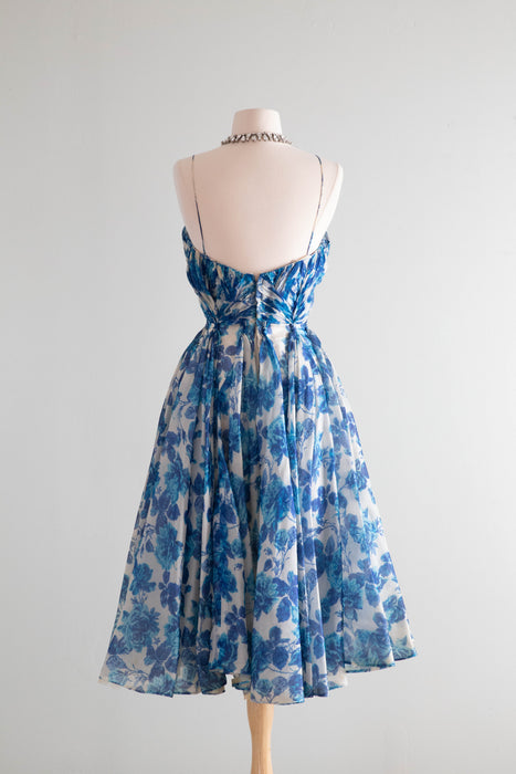 Exquisite 1950's Michael Novarese Blue Rose Print Cocktail Dress / Small