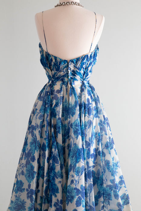 Exquisite 1950's Michael Novarese Blue Rose Print Cocktail Dress / Small