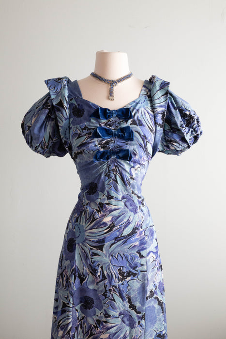 Luscious 1930's Cold Rayon Garden Print Gown With Blue Velvet Bows / Medium