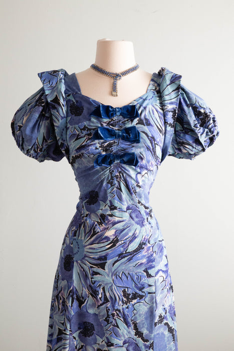 Luscious 1930's Cold Rayon Garden Print Gown With Blue Velvet Bows / Medium