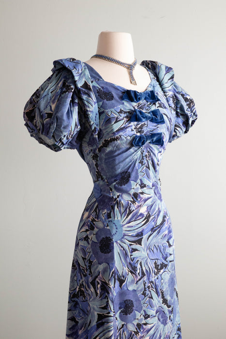 Luscious 1930's Cold Rayon Garden Print Gown With Blue Velvet Bows / Medium