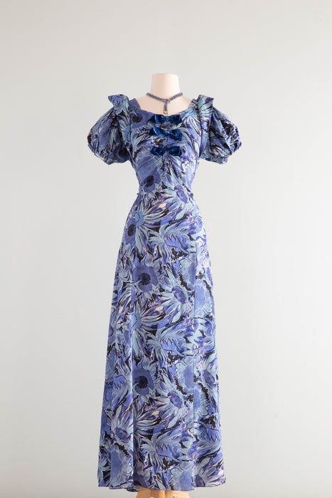 Luscious 1930's Cold Rayon Garden Print Gown With Blue Velvet Bows / Medium