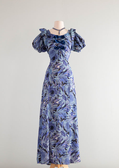 Luscious 1930's Cold Rayon Garden Print Gown With Blue Velvet Bows / Medium