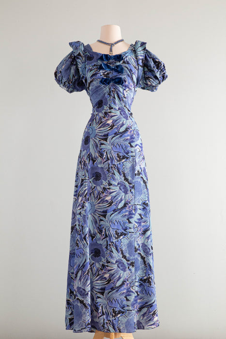 Luscious 1930's Cold Rayon Garden Print Gown With Blue Velvet Bows / Medium