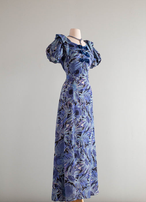 Luscious 1930's Cold Rayon Garden Print Gown With Blue Velvet Bows / Medium