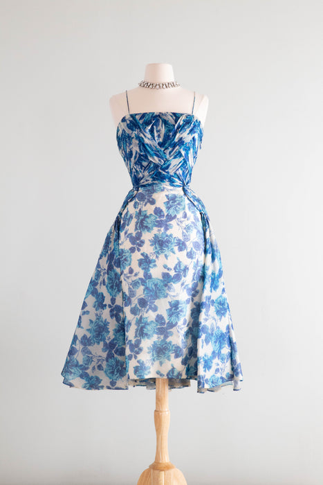 Exquisite 1950's Michael Novarese Blue Rose Print Cocktail Dress / Small