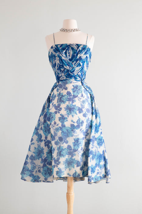 Exquisite 1950's Michael Novarese Blue Rose Print Cocktail Dress / Small