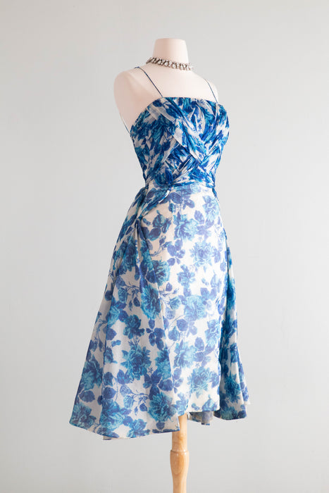 Exquisite 1950's Michael Novarese Blue Rose Print Cocktail Dress / Small