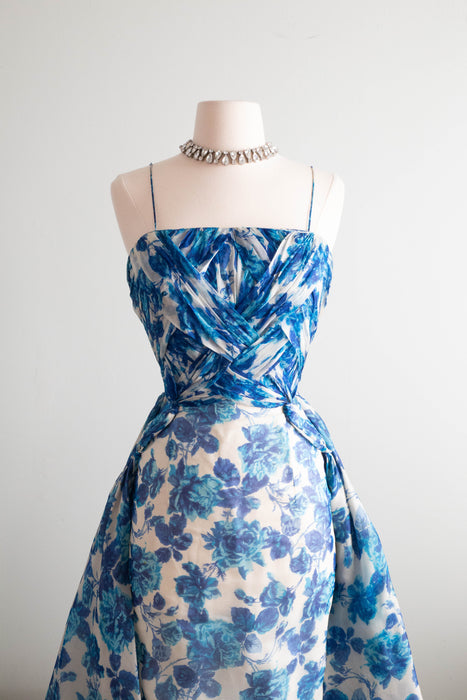 Exquisite 1950's Michael Novarese Blue Rose Print Cocktail Dress / Small