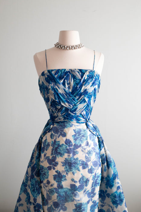 Exquisite 1950's Michael Novarese Blue Rose Print Cocktail Dress / Small