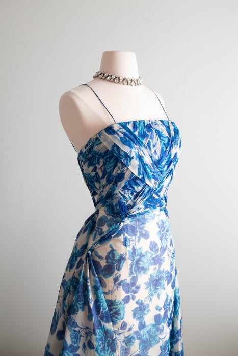 Exquisite 1950's Michael Novarese Blue Rose Print Cocktail Dress / Small