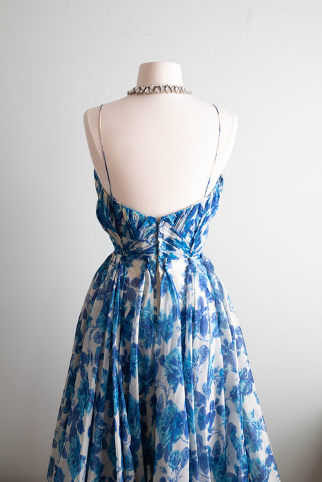 Exquisite 1950's Michael Novarese Blue Rose Print Cocktail Dress / Small