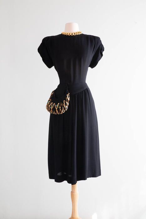 Glamorous 1940's Carlye Rayon Crepe Cocktail Dress With Party Pocket / SM