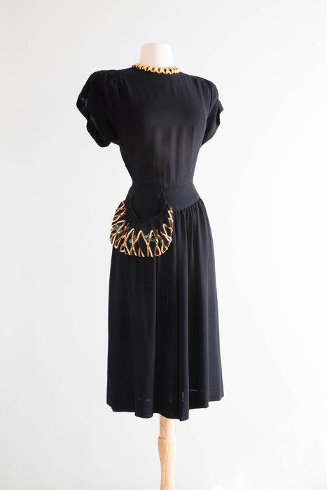 Glamorous 1940's Carlye Rayon Crepe Cocktail Dress With Party Pocket / SM