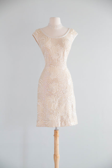 Fabulous 1960's Ivory Beaded Knit Cocktail Dress From Hong Kong / ML