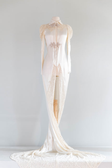 Gleaming 1930's Ivory Satin Crepe Wedding Coat With Lace Sleeves & Train / Extra Small