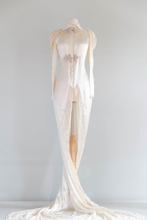 Gleaming 1930's Ivory Satin Crepe Wedding Coat With Lace Sleeves & Train / Extra Small