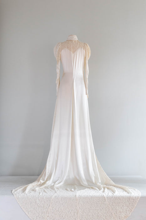 Gleaming 1930's Ivory Satin Crepe Wedding Coat With Lace Sleeves & Train / Extra Small