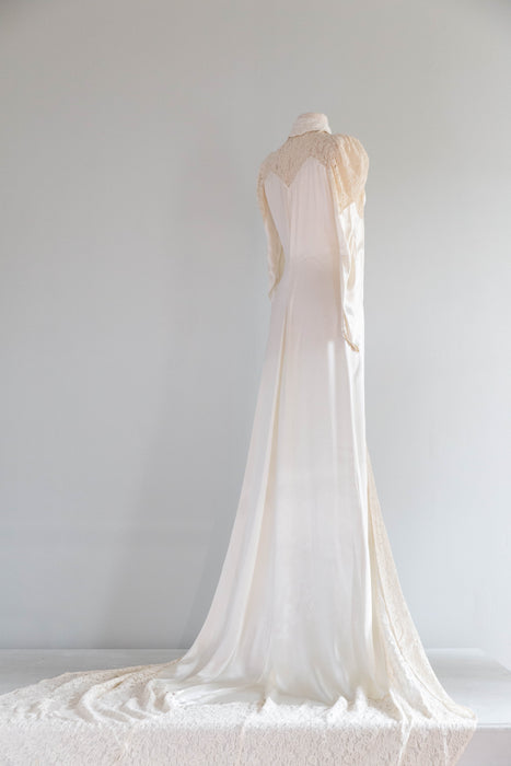 Gleaming 1930's Ivory Satin Crepe Wedding Coat With Lace Sleeves & Train / Extra Small