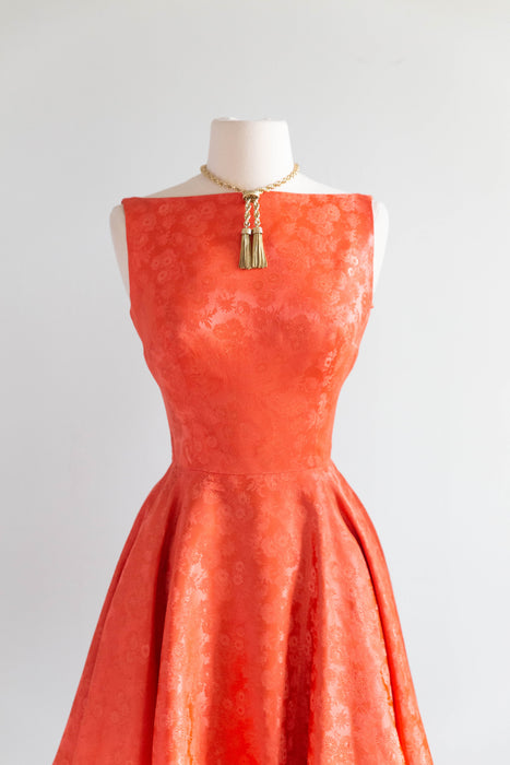 Stunning Early 1960's Coral Brocade Cocktail Dress With Low Back By Jay Herbert / XS