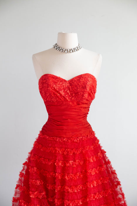 Heart-Stopping 1950's Scarlet Red Ruffled Tulle Formal Gown By Emma Domb / S