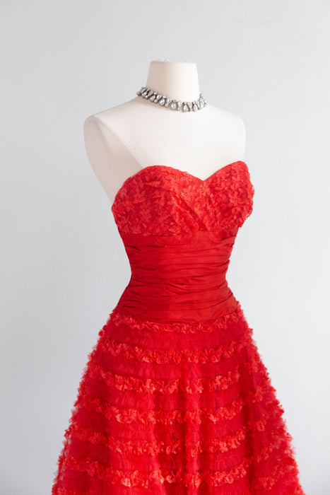 Heart-Stopping 1950's Scarlet Red Ruffled Tulle Formal Gown By Emma Domb / S