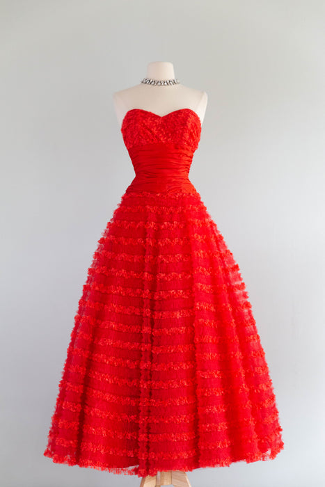 Heart-Stopping 1950's Scarlet Red Ruffled Tulle Formal Gown By Emma Domb / S