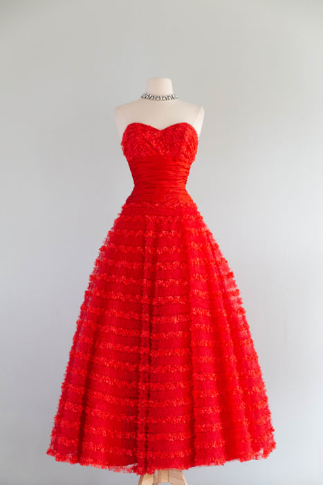 Heart-Stopping 1950's Scarlet Red Ruffled Tulle Formal Gown By Emma Domb / S