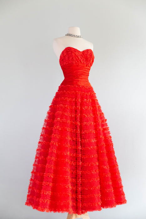 Heart-Stopping 1950's Scarlet Red Ruffled Tulle Formal Gown By Emma Domb / S