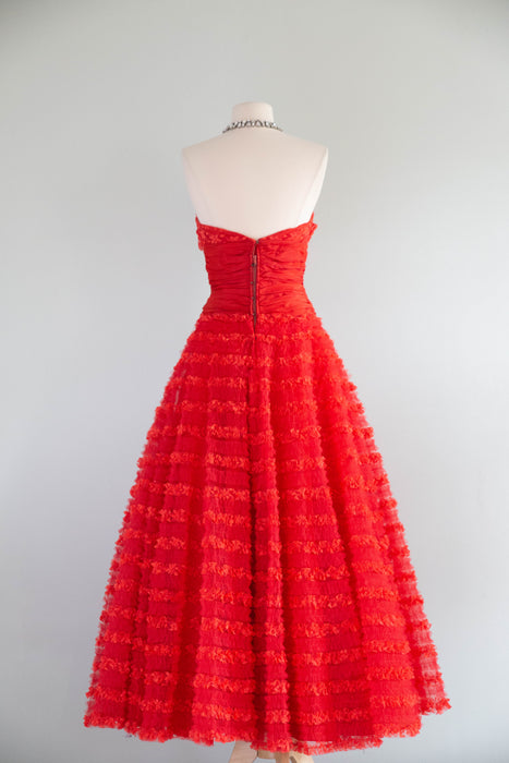 Heart-Stopping 1950's Scarlet Red Ruffled Tulle Formal Gown By Emma Domb / S
