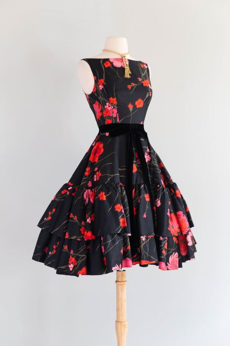 Spectacular 1960's Black Cherry Blossom Party Dress By Mam'selle / Sma Xtabay Vintage Spectacular 1960's Black Cherry Blossom Party Dress By Mam'selle / Sma Xtabay Vintage
