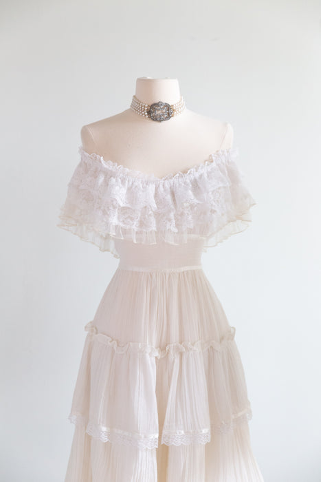 Romantic 1970's Cotton Gauze Gunne Sax Wedding Dress With OTS Lace Neckline / SM