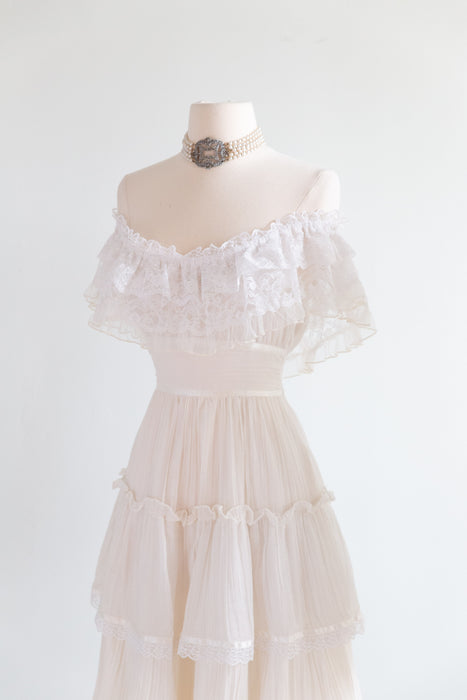 Romantic 1970's Cotton Gauze Gunne Sax Wedding Dress With OTS Lace Neckline / SM